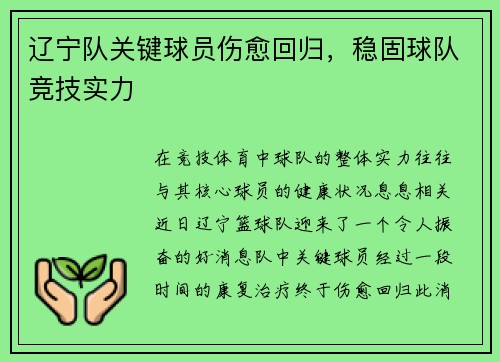 辽宁队关键球员伤愈回归，稳固球队竞技实力